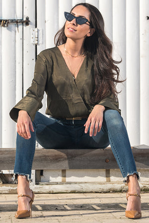 NA-KD - Wrap Satin Top Green