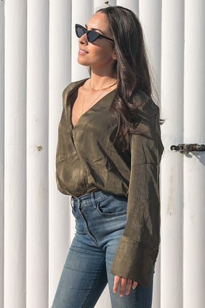 NA-KD - Wrap Satin Top Green