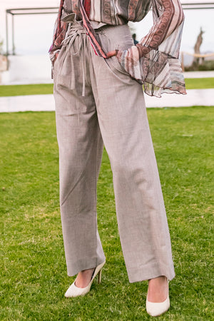 High waist beige lace up pants