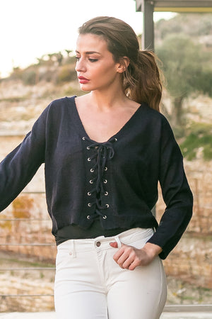 lace up cropped sweater