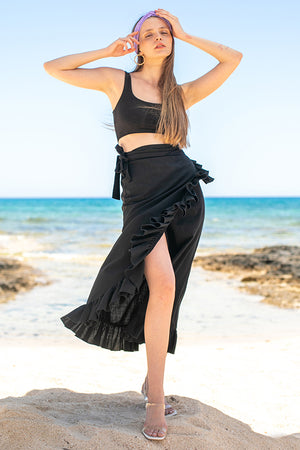 Sun Sea & Roses – Astraea Wrap Ruffle Skirt Black
