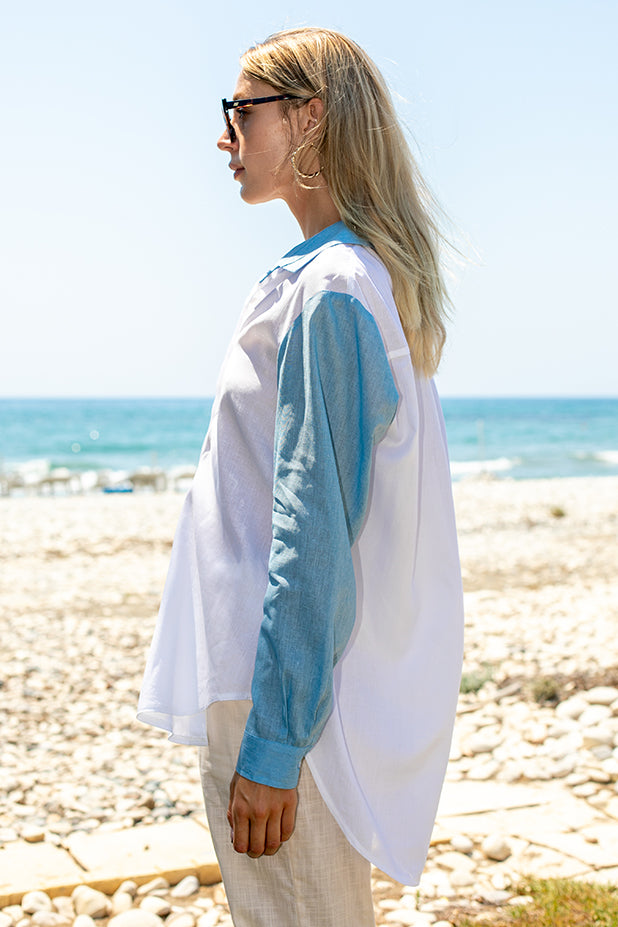 Sun Sea & Roses – Penelope Two Color Shirt White - Grey Blue