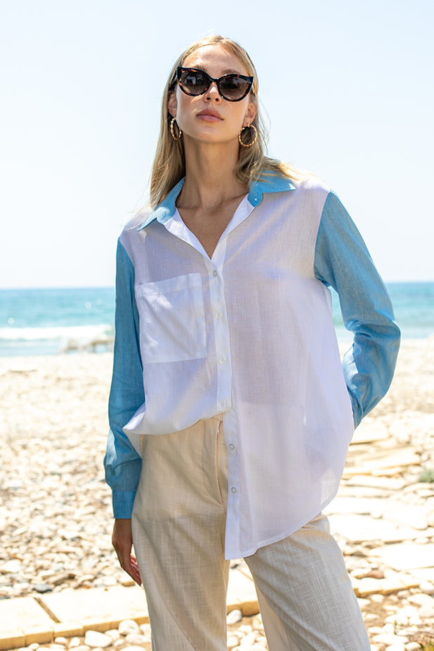 Sun Sea & Roses – Penelope Two Color Shirt White - Grey Blue
