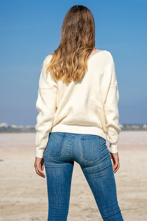 Queencii – Emillie Lace V Collar Sweater White