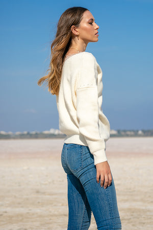 Queencii – Emillie Lace V Collar Sweater White