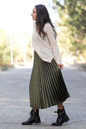 Queencii - Glow Night Metallic Pleated Long Skirt Green