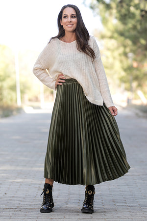 Queencii - Glow Night Metallic Pleated Long Skirt Green