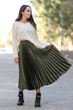Queencii - Glow Night Metallic Pleated Long Skirt Green