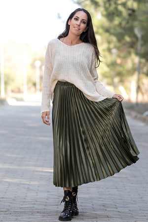 Queencii - Glow Night Metallic Pleated Long Skirt Green