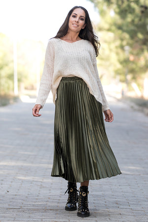 Queencii - Glow Night Metallic Pleated Long Skirt Green