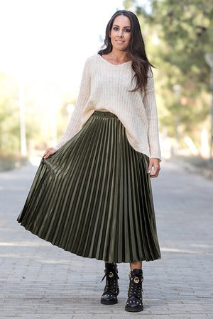 Queencii - Glow Night Metallic Pleated Long Skirt Green