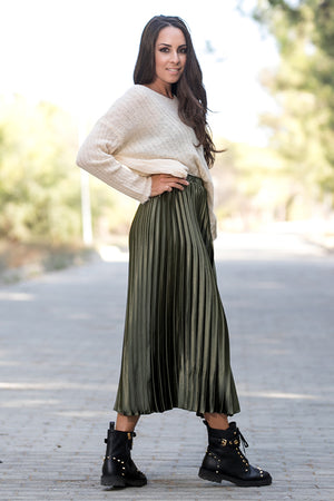 Queencii - Glow Night Metallic Pleated Long Skirt Green