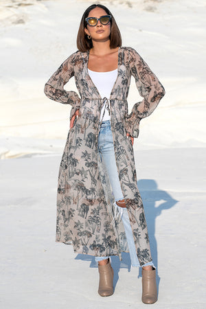NA-KD – Safari Printed Smocked Sleeve Caftan Beige