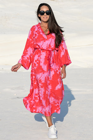 NA-KD – Tie Dye Balloon Sleeve Midi Dress Red