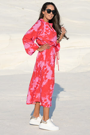 NA-KD – Tie Dye Balloon Sleeve Midi Dress Red