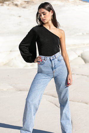 Sun Sea & Roses – Alectrona One Shoulder Balloon Sleeve Top Black