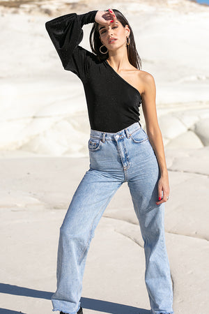 Sun Sea & Roses – Alectrona One Shoulder Balloon Sleeve Top Black