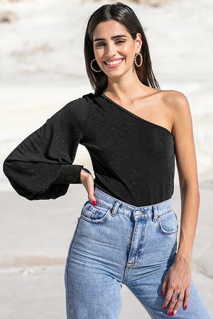 Sun Sea & Roses – Alectrona One Shoulder Balloon Sleeve Top Black
