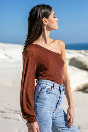 Sun Sea & Roses – Alectrona One Shoulder Balloon Sleeve Top Brown