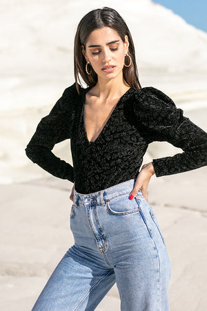 Sun Sea & Roses – Maia Puff Sleeve Velvet Bodysuit Black