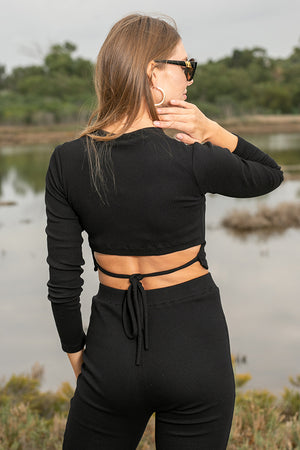 Sun Sea & Roses – Scilla Ribbed Tie-Back Top Black