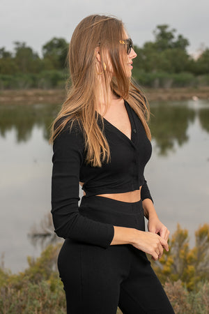 Sun Sea & Roses – Scilla Ribbed Tie-Back Top Black