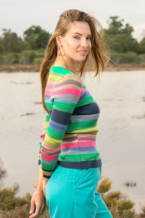 Queencii – Lorraine Stripes Knitted Top Green Multicolour